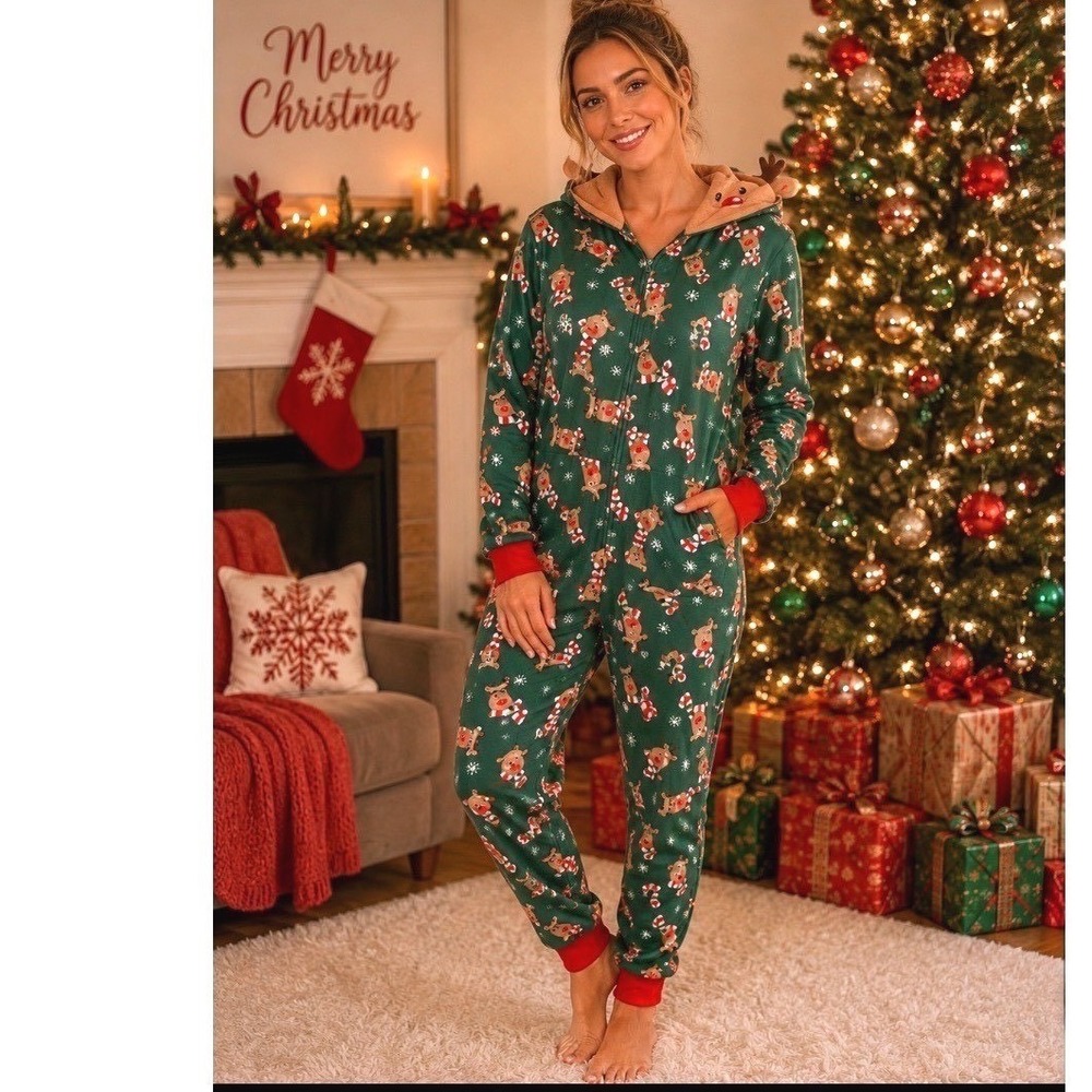 Adult Men  Rudolph pajama One Piece Sz S Green Christmas